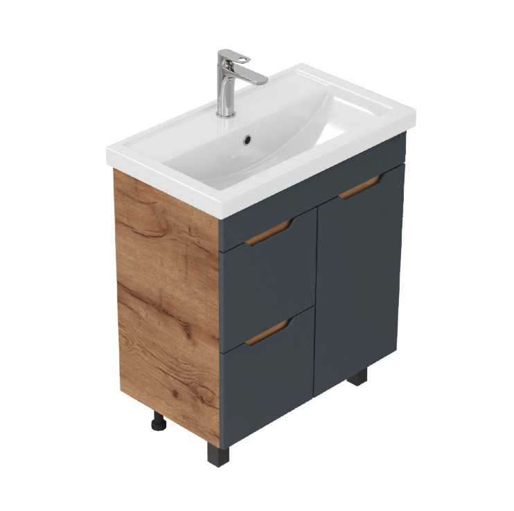 Тумба напольная Onika Айленд с раковиной Фостер 70, с корзиной, графит/дуб крафт золотой