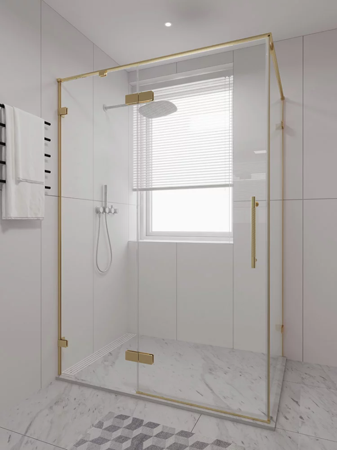 Душевой угол распашной Veconi Premium Alassio SP G, 1400х900x2000, брашированное золото, стекло прозрачное осветленное