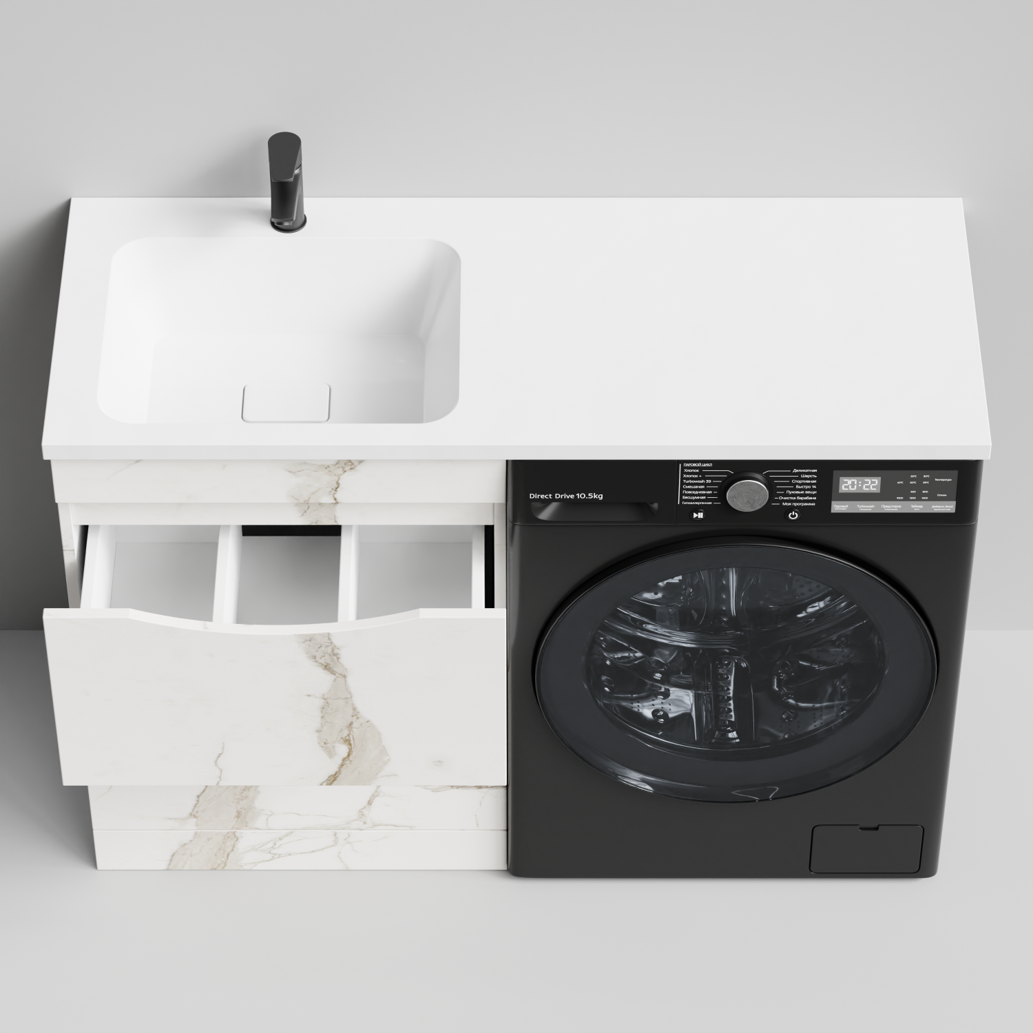 Тумба Vod-ok 58 с раковиной Смайл 120 напольная, под стиральную машину, левая, Мрамор Белый натур милк