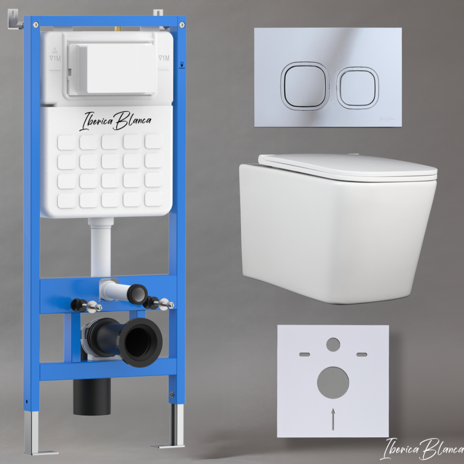 Комплект 3в1 IBERICA BLANCA инсталляция SILENCIO, унитаз TOLEDO ALTO белый, кнопка смыва ESTI-Q хром глянцевый (IB001.TLA.234.833)