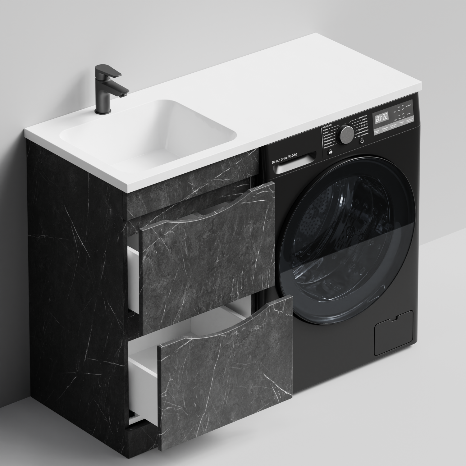 Тумба Vod-ok 48 с раковиной Смайл 110 напольная, под стиральную машину, левая, Мрамор Графит софт тач