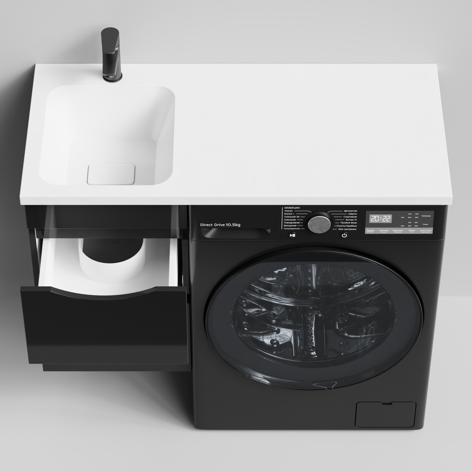 Тумба Vod-ok 38 с раковиной Смайл 100 подвесная, под стиральную машину, левая, черный глянец