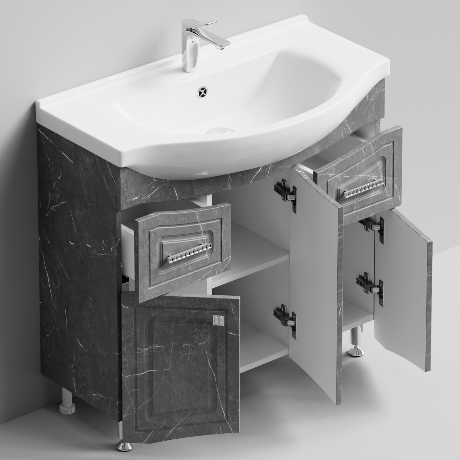 Тумба с раковиной Адам 90 напольная, Мрамор Серый софт тач, петли справа