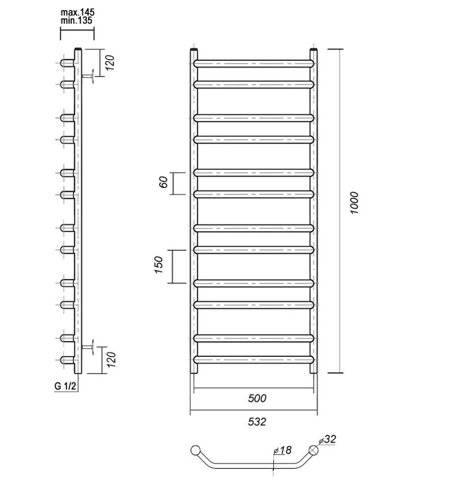 Полотенцесушитель водяной Domoterm Лаура П12 500х1000 хром