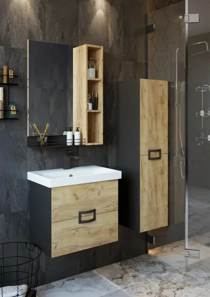 Тумба с раковиной Sanflor Выборг 60 подвесная, крафт золотой/черный матовый