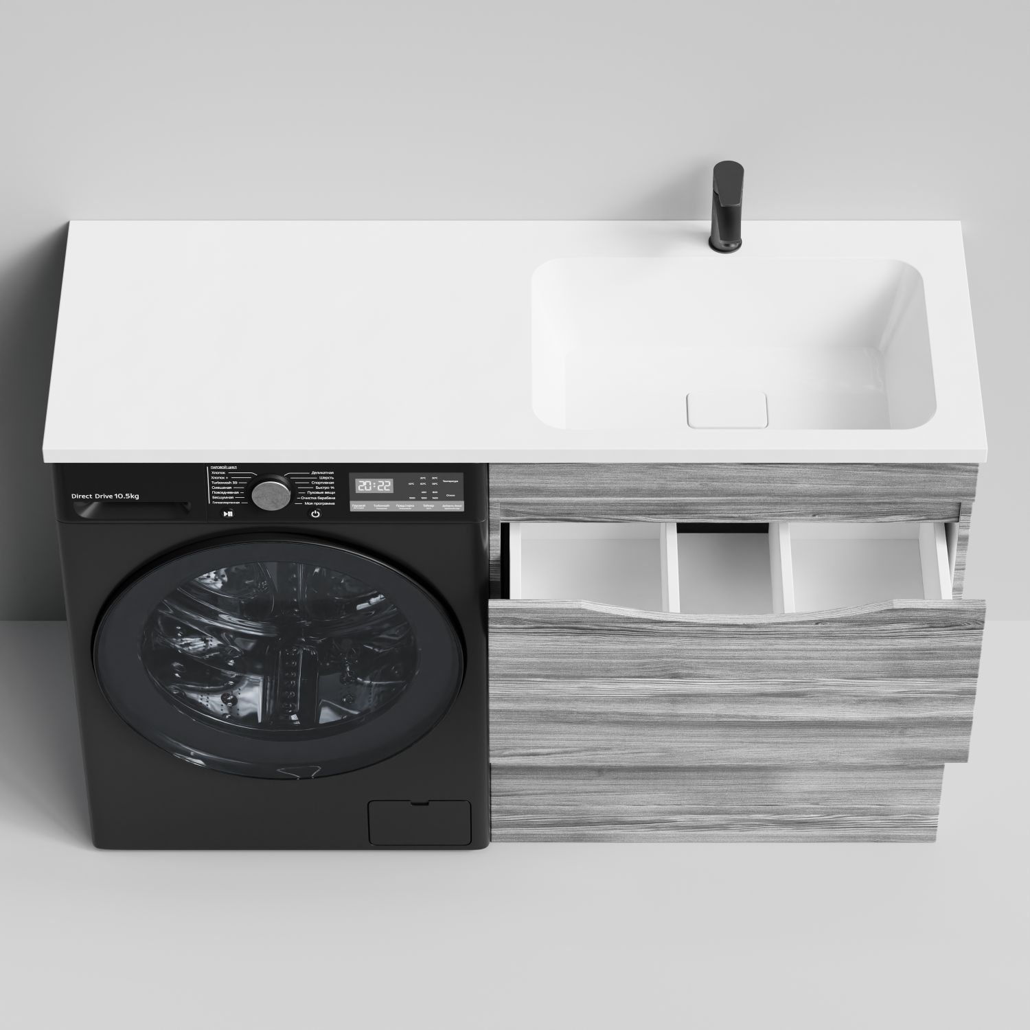 Тумба Vod-ok 68 с раковиной Смайл 130 напольная, под стиральную машину, правая, Лиственница структурная контрастно-серая