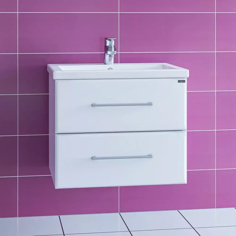 Тумба подвесная Санта Омега 60 с раковиной Фостер 60, 2 ящика, белая