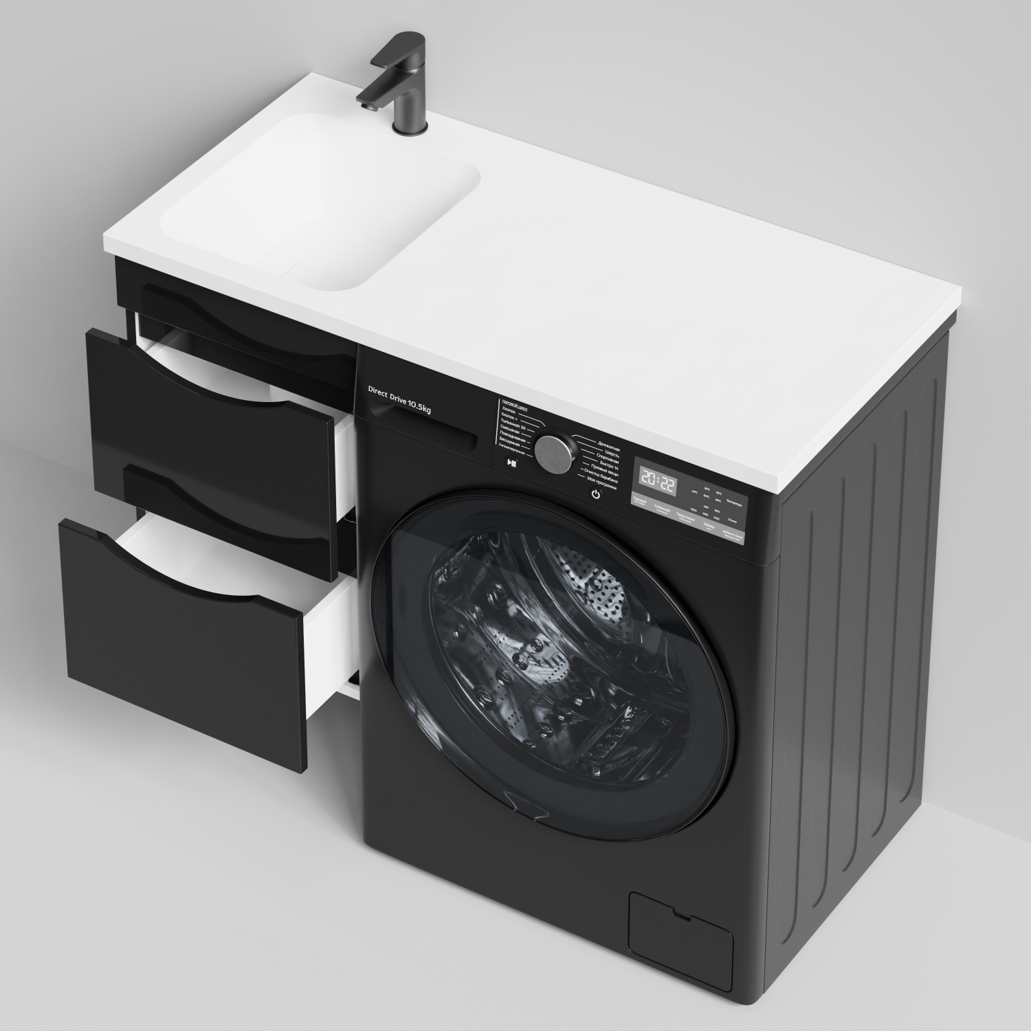Тумба Vod-ok 38 с раковиной Смайл 100 подвесная, под стиральную машину, левая, черный глянец