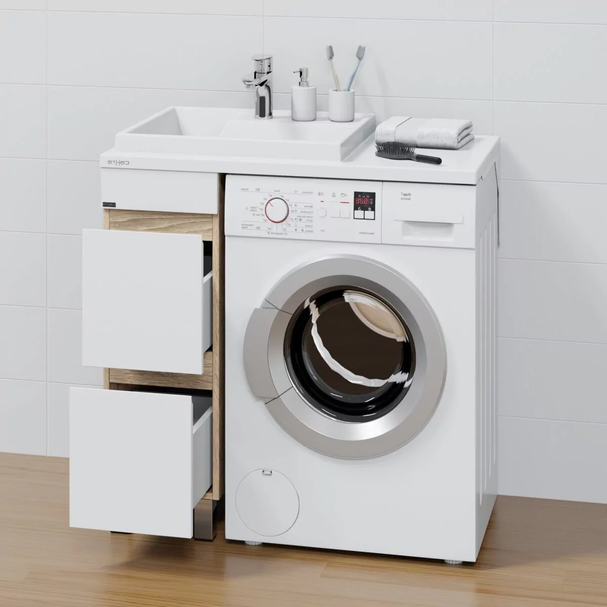 Тумба напольная Санта Марс 29 с раковиной Юпитер 90x50 под стиральную машину L левая, 2 ящика, белый/янтарный