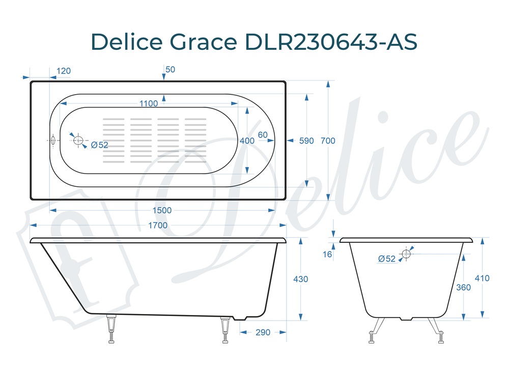 Ванна чугунная Delice Grace 170х70 DLR230643-AS с антискользящим покрытием