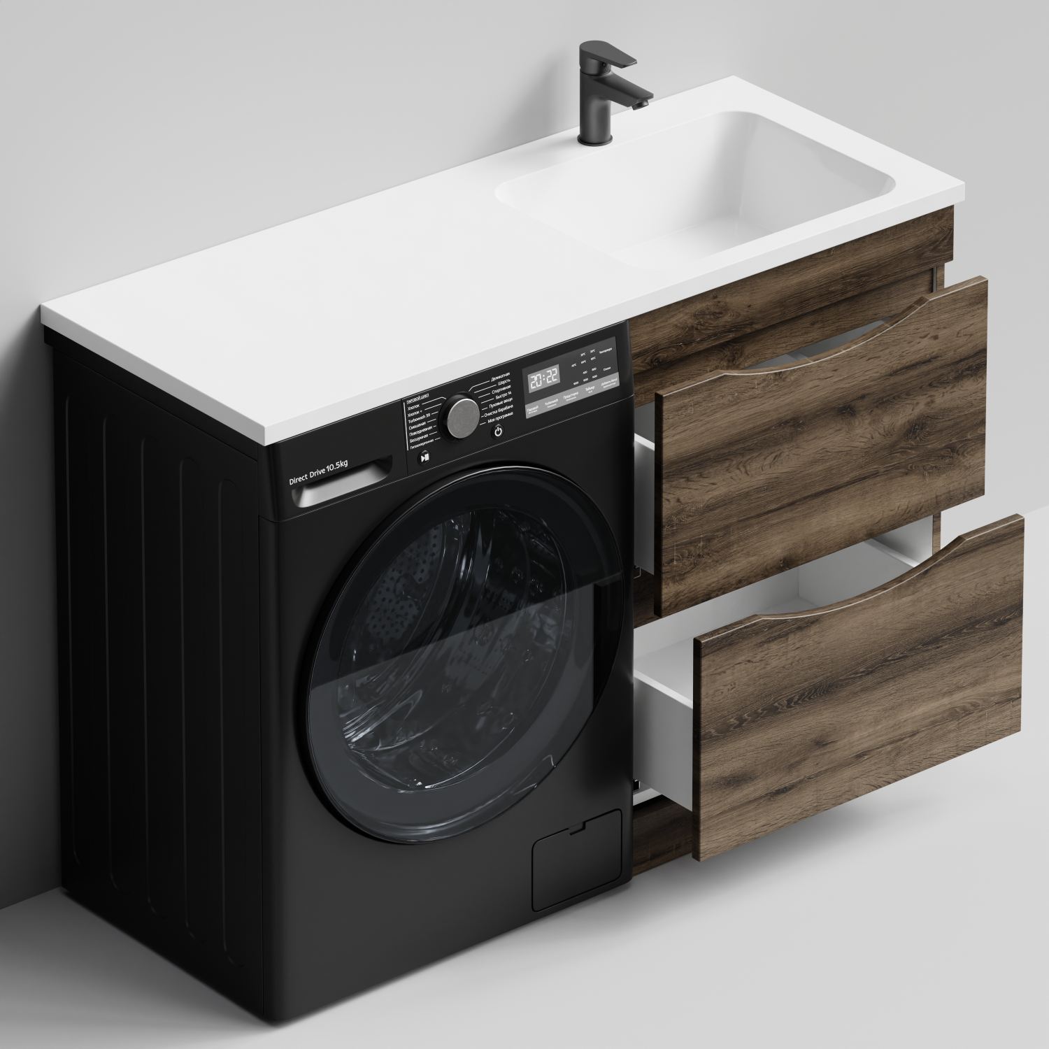 Тумба Vod-ok 58 с раковиной Смайл 120 напольная, под стиральную машину, правая, Дуб крымский коричневый