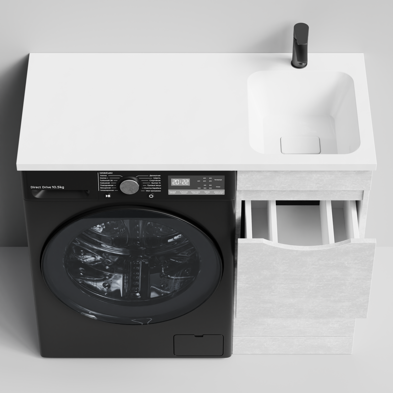 Тумба Vod-ok 38 с раковиной Смайл 100 напольная, под стиральную машину, правая, Белый камень