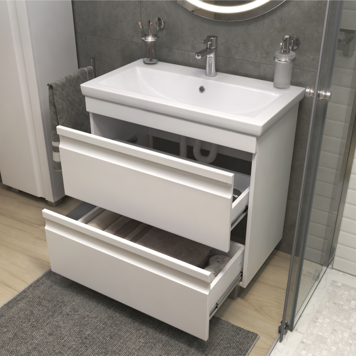 Тумба напольная Vigo Holly 80 с раковиной Como 80, 2 ящика, белый