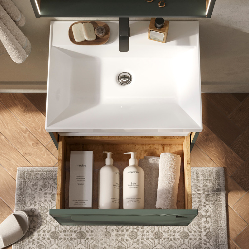 Тумба с раковиной EQUIL Gleam 60 подвесная, 1 ящик, зеленый камень/дуб вотан