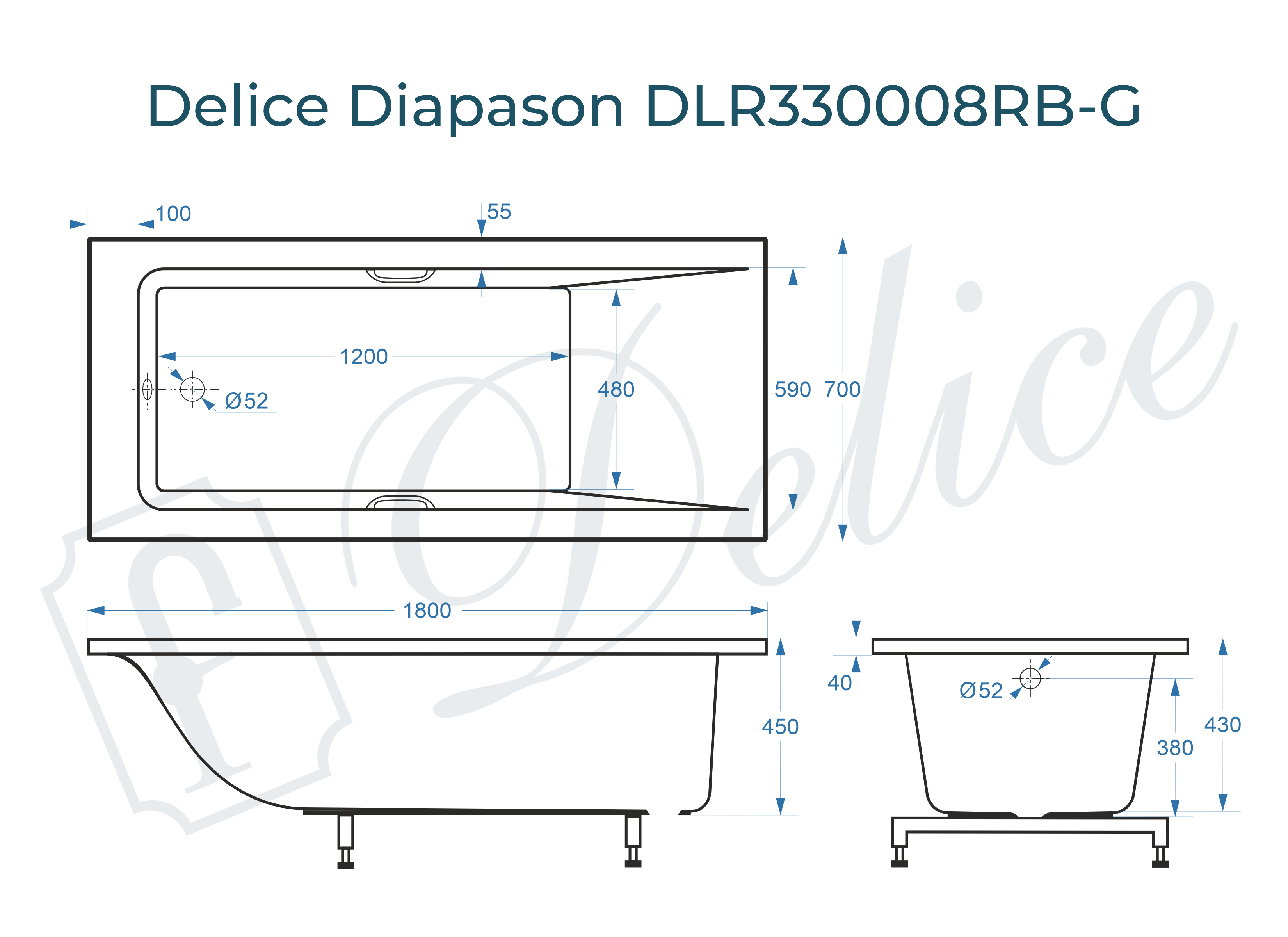 Ванна из литьевого мрамора Delice Diapason 180х70 глянцевая с черными ручками DLR330008RB-G