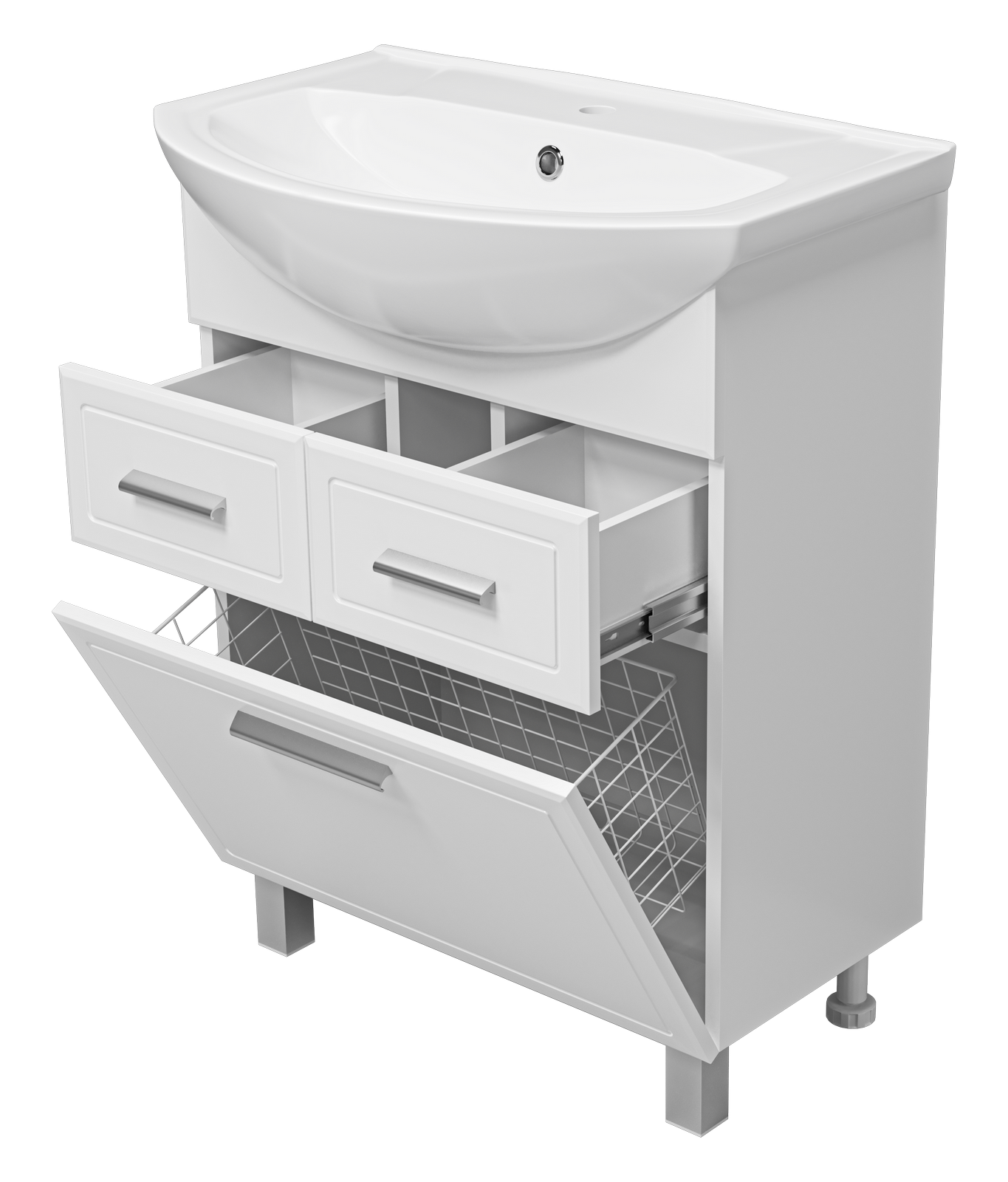 Тумба с раковиной Misty Стелла 65 с 2 ящиками и бельевой корзиной, белый
