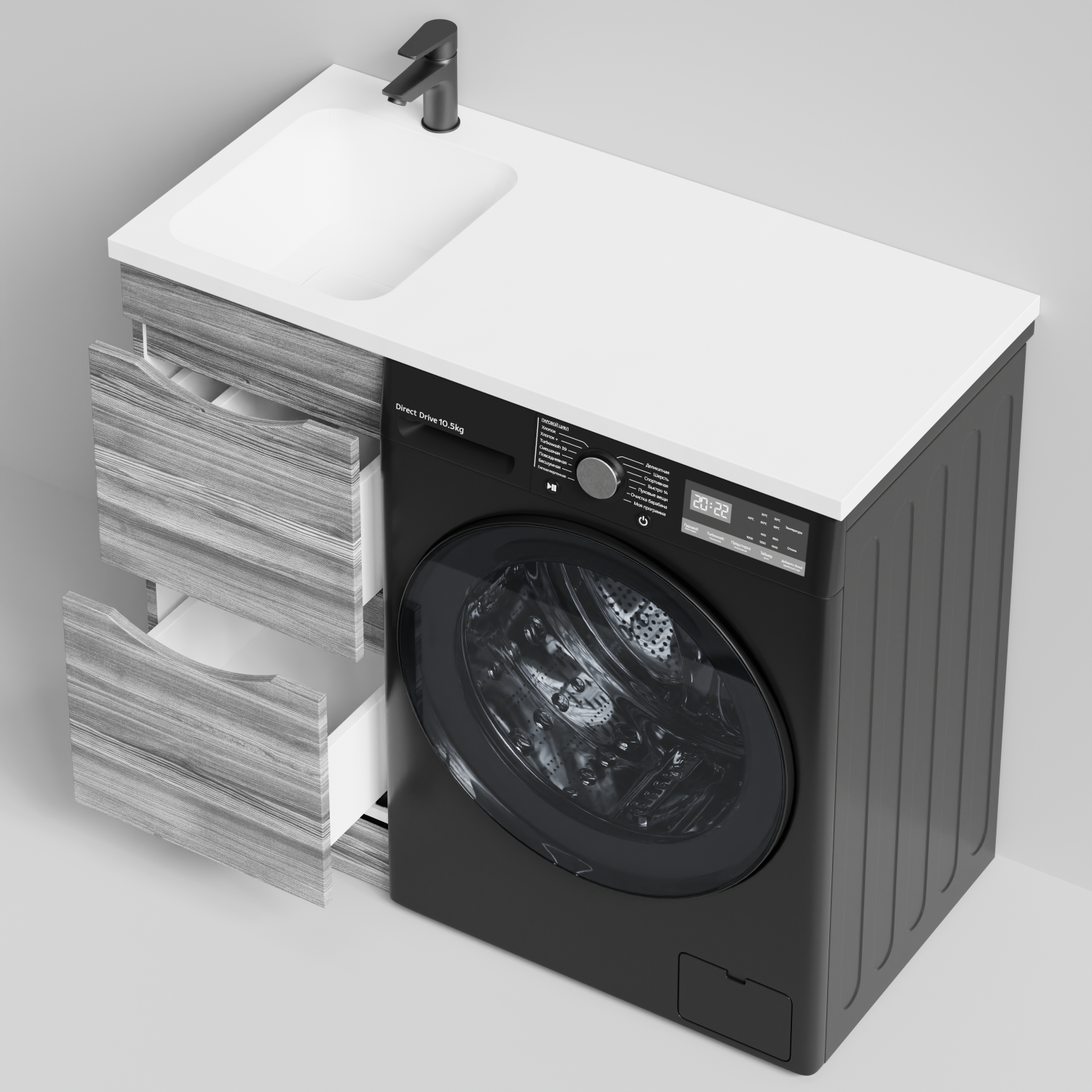 Тумба Vod-ok 38 с раковиной Смайл 100 напольная, под стиральную машину, левая, Лиственница структурная контрастно-серая