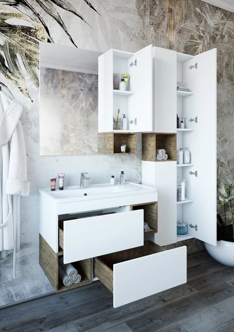 Тумба с раковиной Sanflor Даллас 80 дуб рустикальный, белый матовый