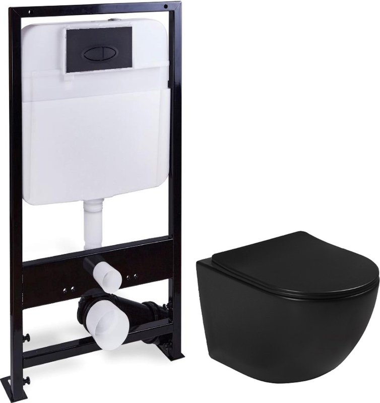 Унитаз подвесной SantiLine SL-5018MB+SL-03 с инсталляцией и кнопкой, черный