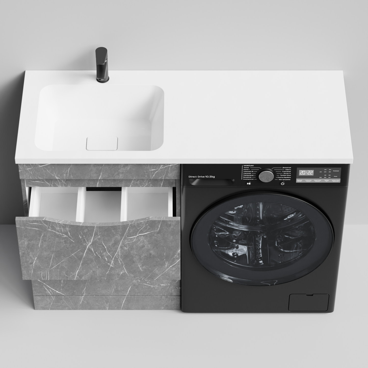 Тумба Vod-ok 58 с раковиной Смайл 120 напольная, под стиральную машину, левая, Мрамор Серый софт тач
