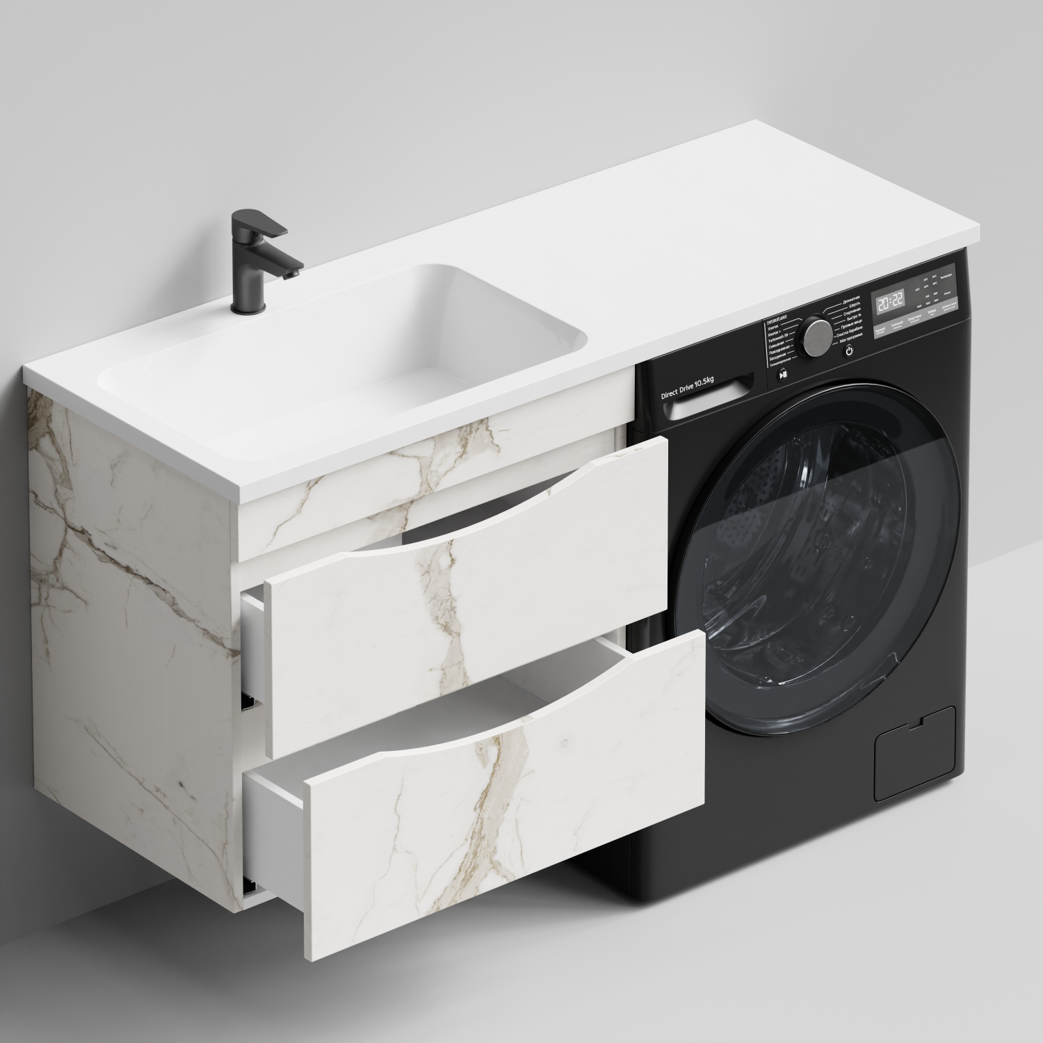 Тумба Vod-ok 68 с раковиной Смайл 130 подвесная, под стиральную машину, левая, Мрамор Белый натур милк