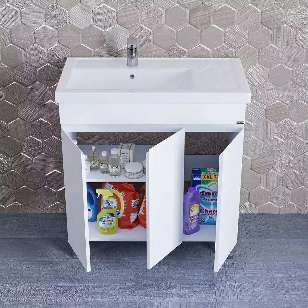 Тумба напольная Санта Марс 80 с раковиной со смещенной чашей Фостер 80П, 3 дверки, белая