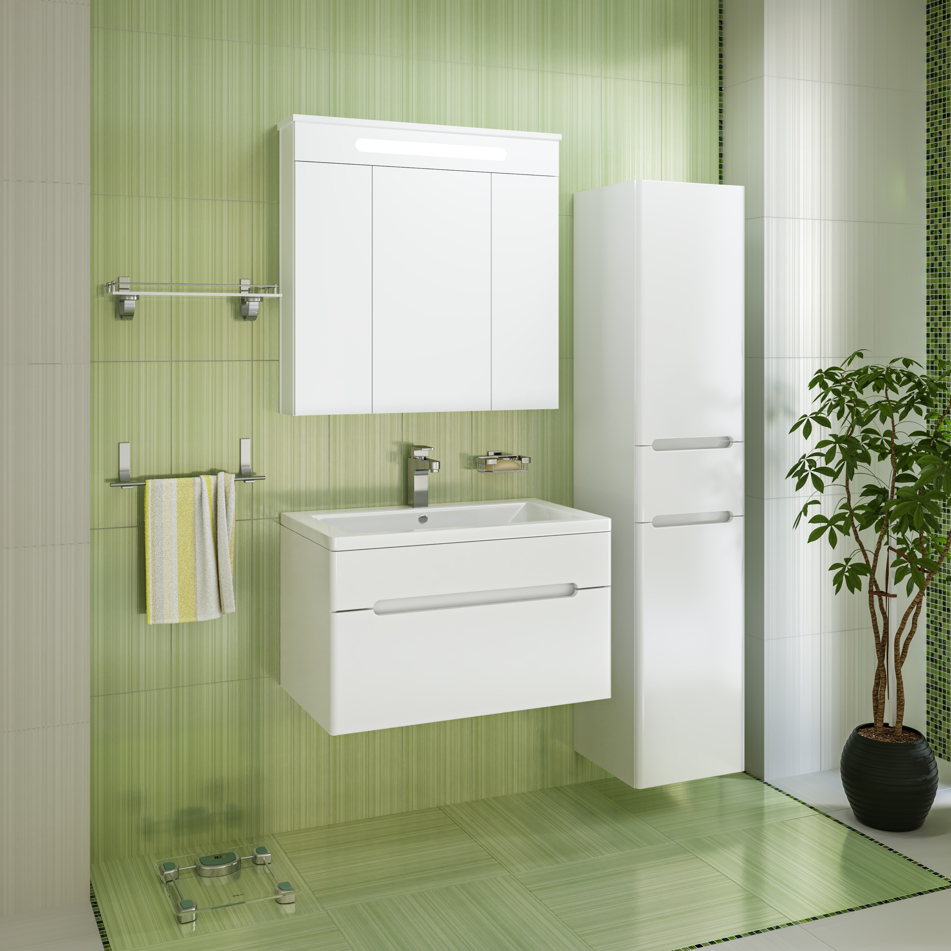 Тумба подвесная Runo Парма 75 1 ящик, с раковиной Omega 75, белый