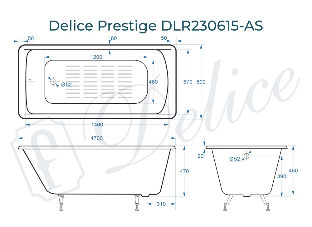 Ванна чугунная Delice Prestige 170х80 DLR230615-AS с антискользящим покрытием