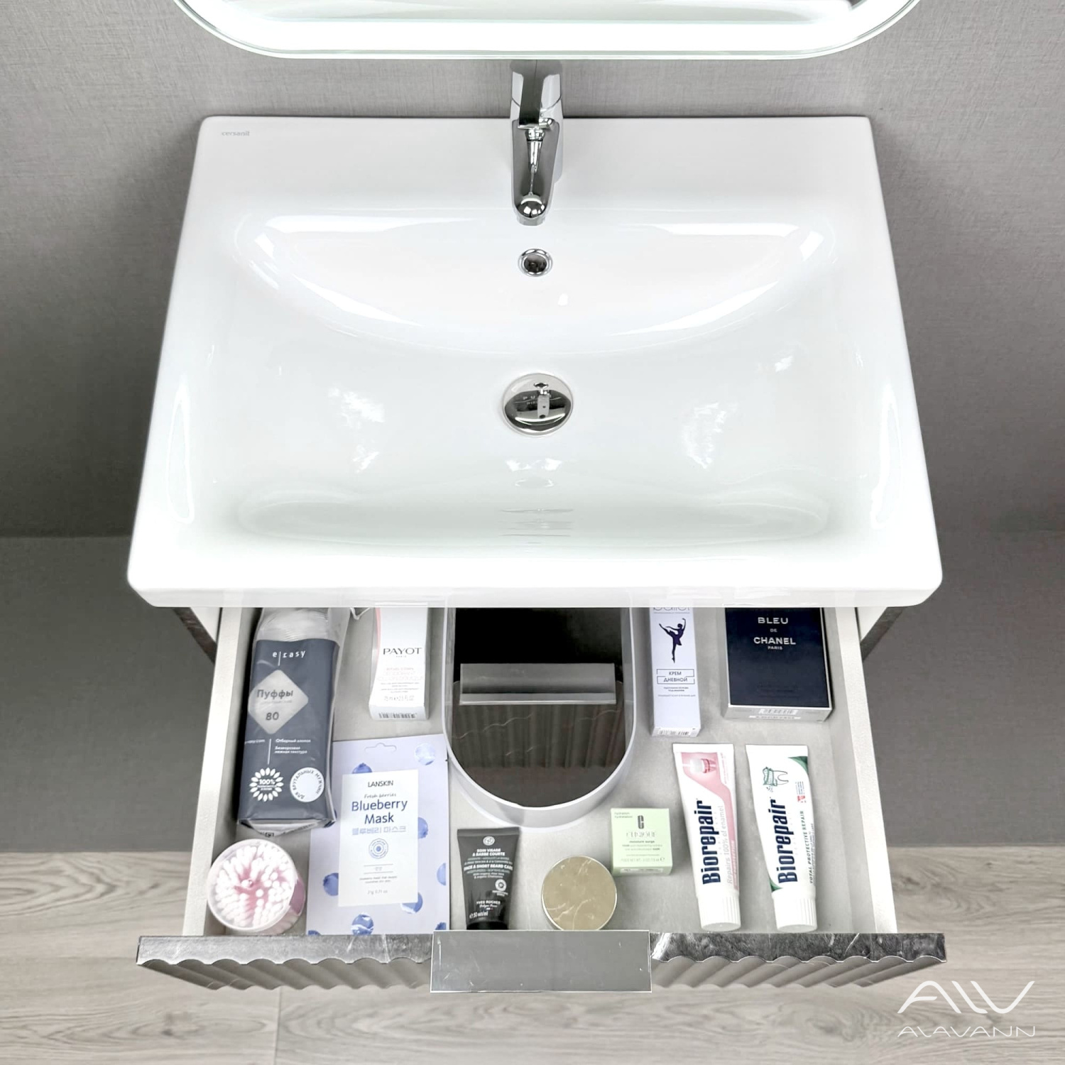 Тумба подвесная Alavann Anna 60 с раковиной Moduo 60, черный мрамор