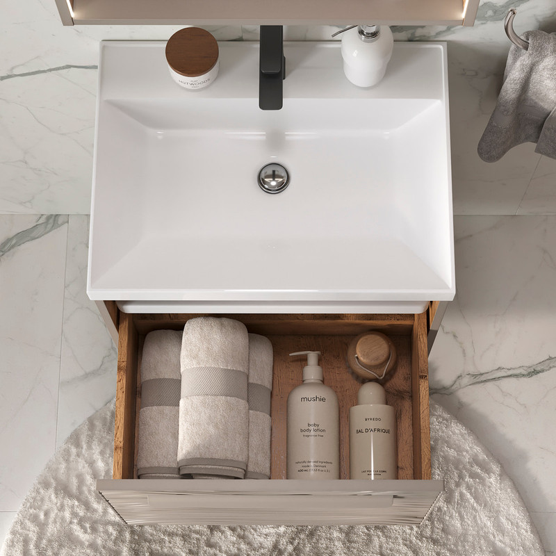 Тумба с раковиной EQUIL Gleam 60 подвесная, один ящик, амарок/дуб вотан