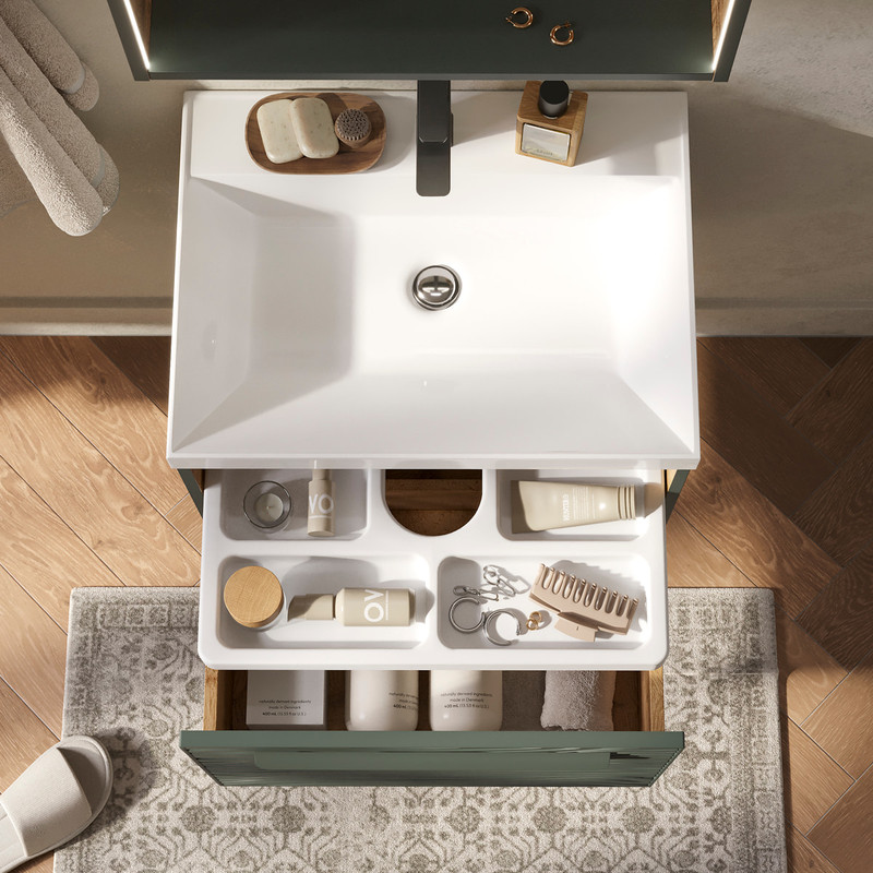 Тумба с раковиной EQUIL Gleam 60 подвесная, 1 ящик, зеленый камень/дуб вотан