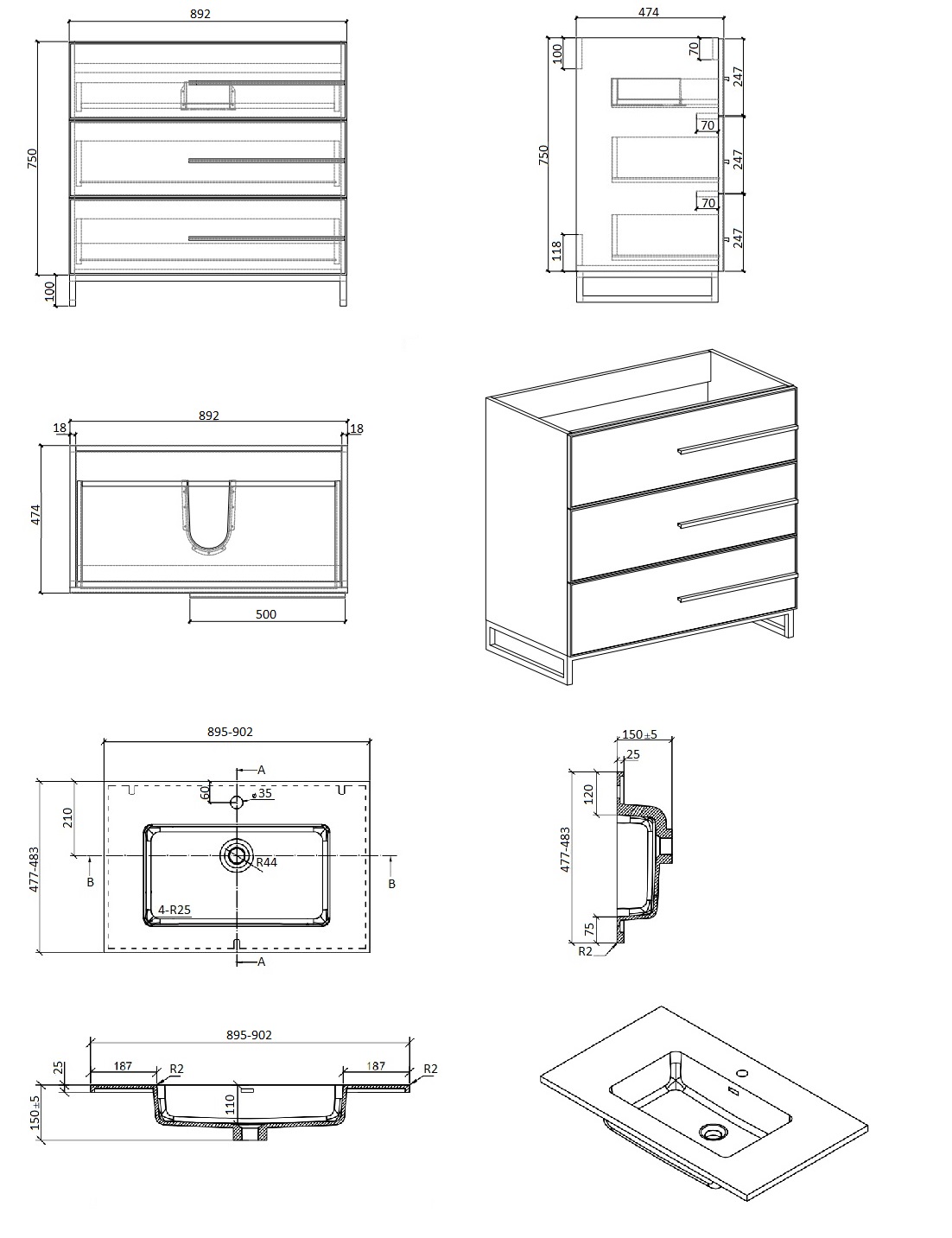 Тумба с раковиной Parly Bella-T 90 напольная, белый
