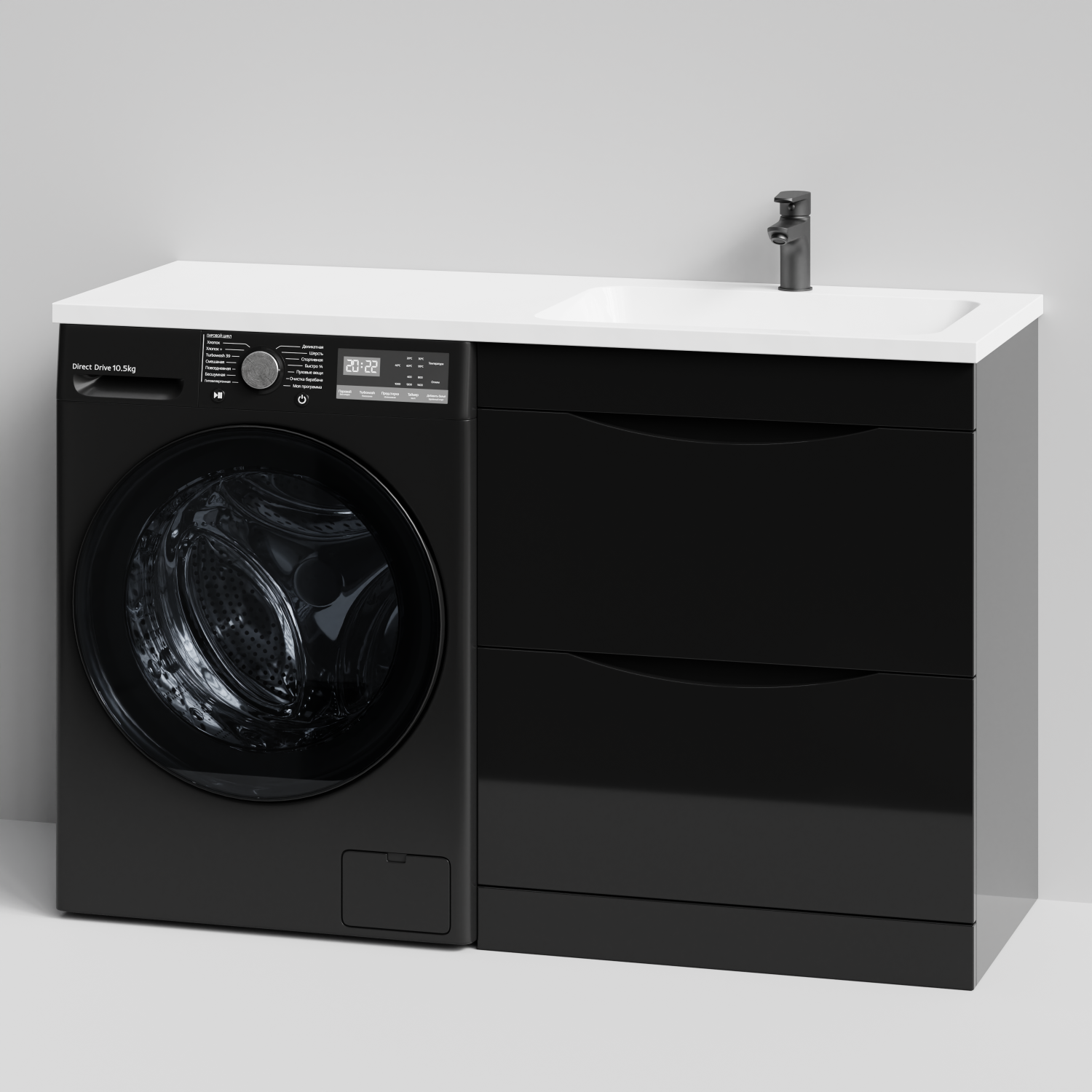 Тумба Vod-ok 68 с раковиной Смайл 130 напольная, под стиральную машину, правая, черный глянец
