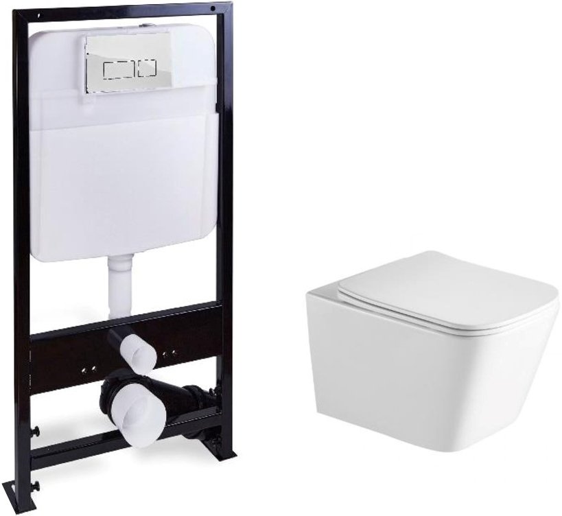 Унитаз подвесной SantiLine SL-5007T+SL-01/K с инсталляцией и кнопкой, белый