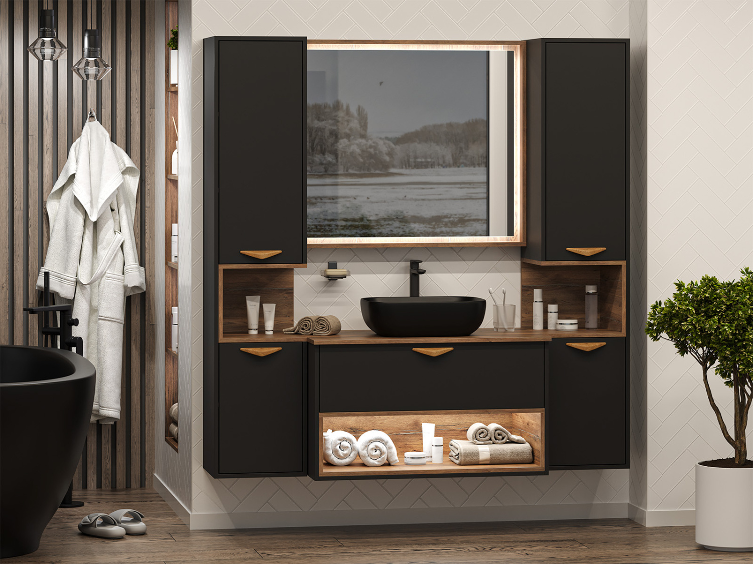 Тумба с раковиной Brevita Bergen 90 с подсветкой подвесная, черный/дуб галифакс