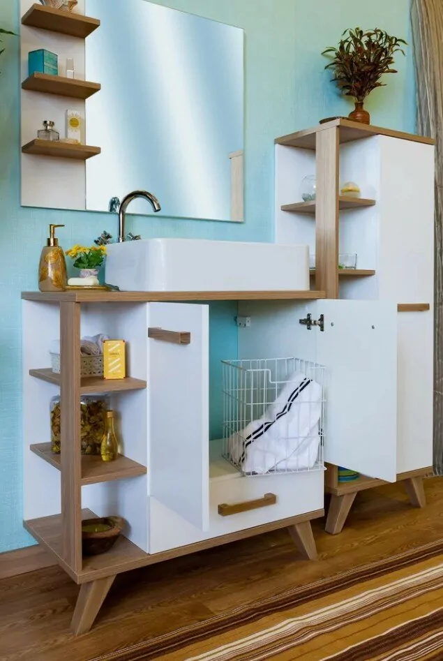 Тумба Sanflor Ингрид 80 с накладной раковиной Олимпия 56 напольная, белый матовый, швейцарский вяз