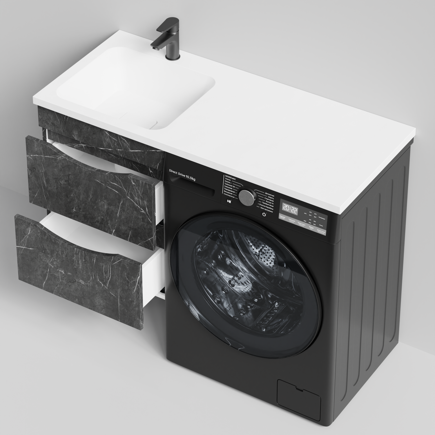 Тумба Vod-ok 48 с раковиной Смайл 110 подвесная, под стиральную машину, левая, Мрамор Графит софт тач