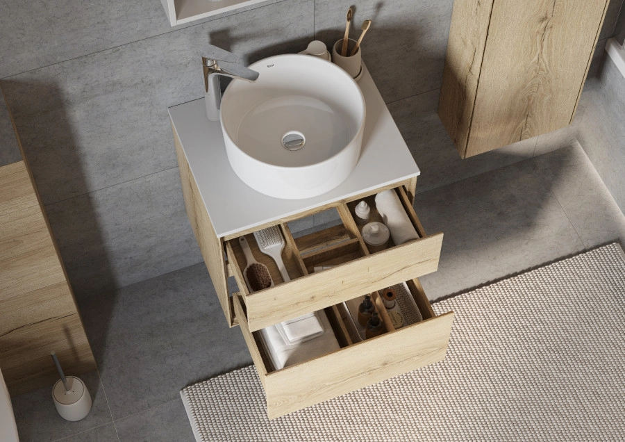 Тумба подвесная Aquaton Либерти 60 раковиной Одри 40х40 Soft белый, дуб эльвезия