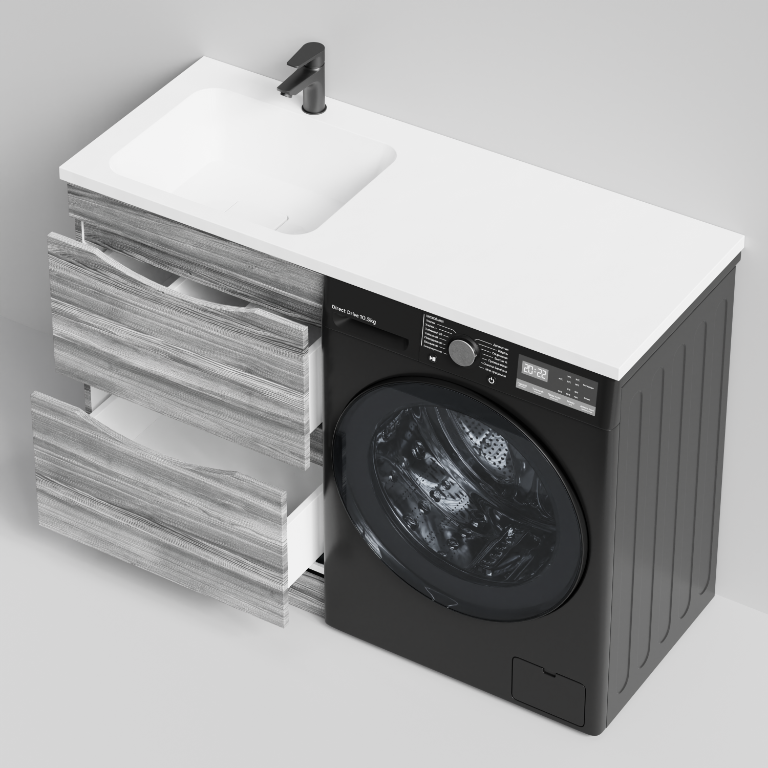 Тумба Vod-ok 58 с раковиной Смайл 120 напольная, под стиральную машину, левая, Лиственница структурная контрастно-серая