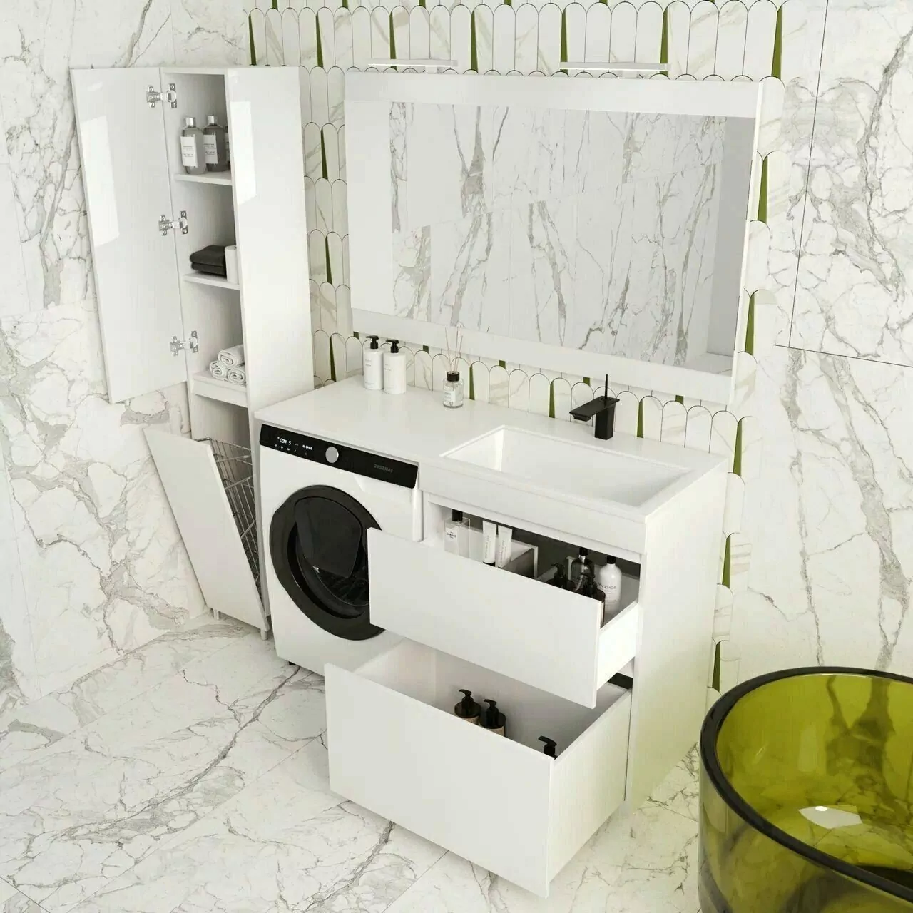 Тумба напольная Style Line Даллас 140 Люкс Plus ПВХ с раковиной Даллас 140 под стиральную машину, два ящика, правая, белая