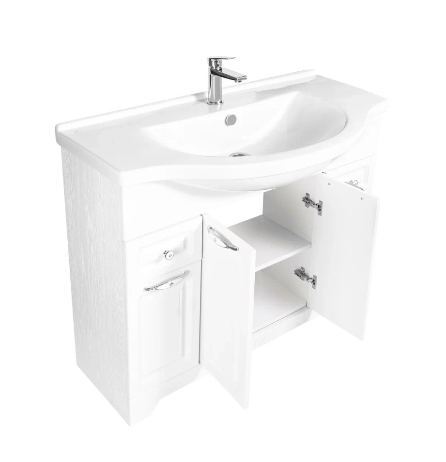 Тумба напольная Stella Polar Кармела 100 с раковиной Эльбрус 100, 2 ящ, 4 двери, Люкс белое серебро