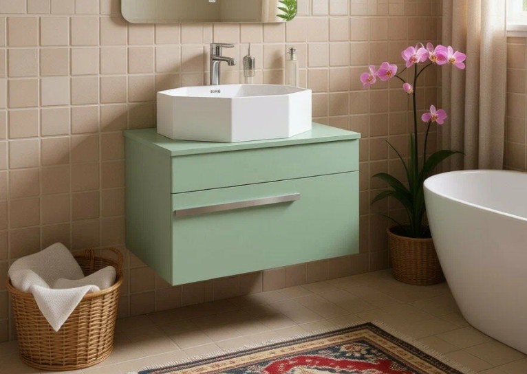 Тумба подвесная Runo Вудлайн 65 с раковиной Palla D41 круг, оливковый