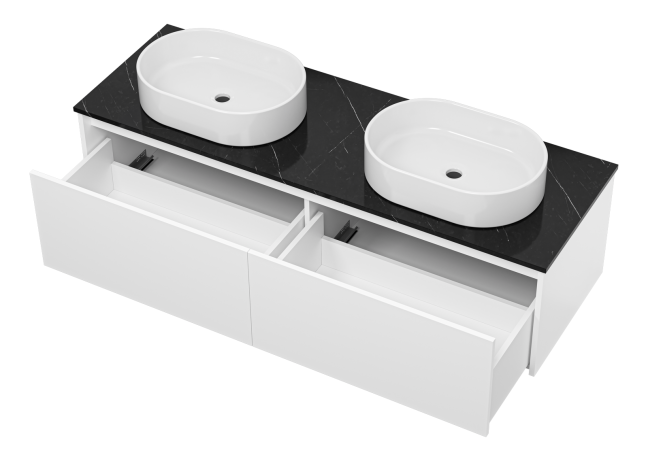 Тумба подвесная Misty Виста 150 с 2 раковинами и столешницей черный мрамор, белый