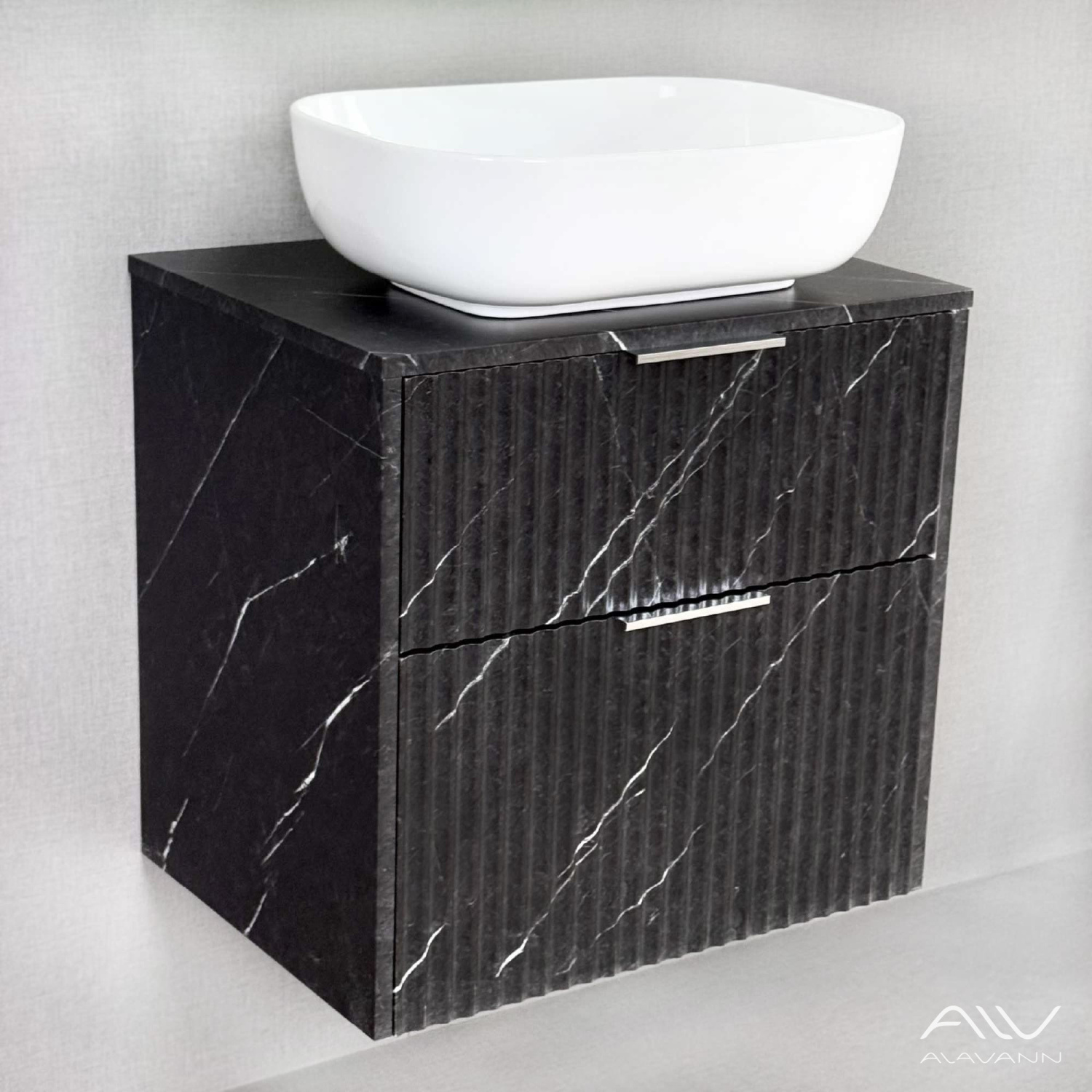 Тумба подвесная Alavann Anna 60 с раковиной Moduo 50 SQUARE, черный мрамор