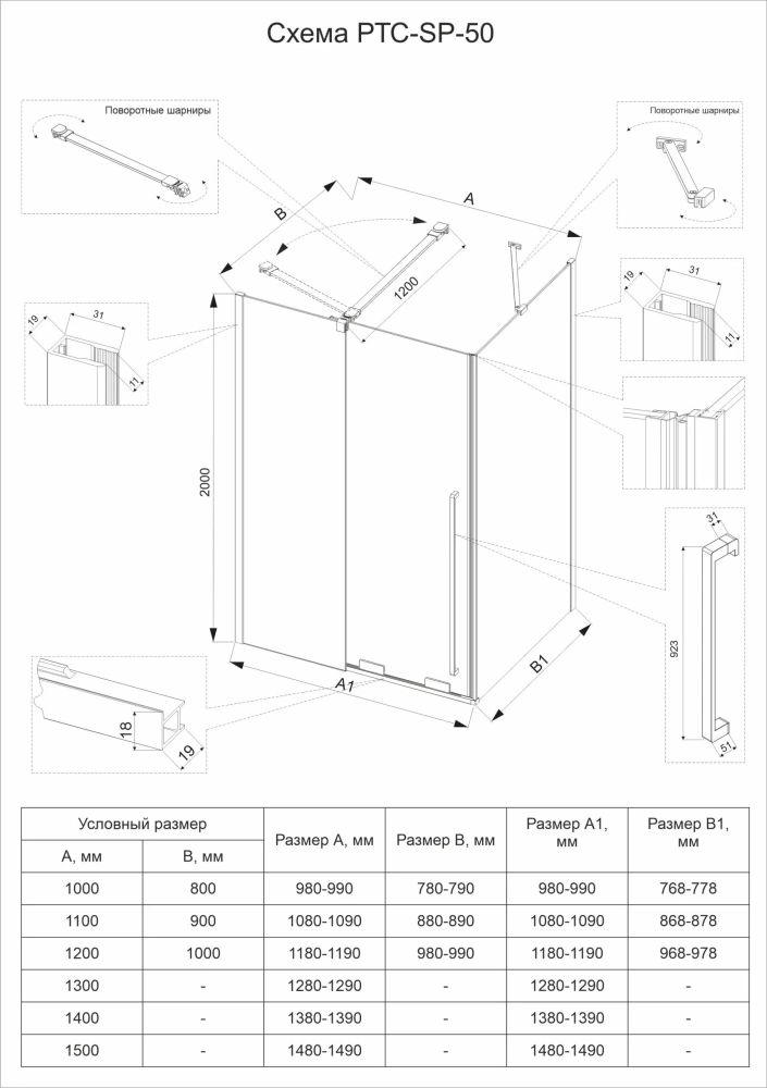 Душевой угол Veconi Premium Trento PTC-SP-50GR, 1000х900x2000, брашированный графит, стекло прозрачное
