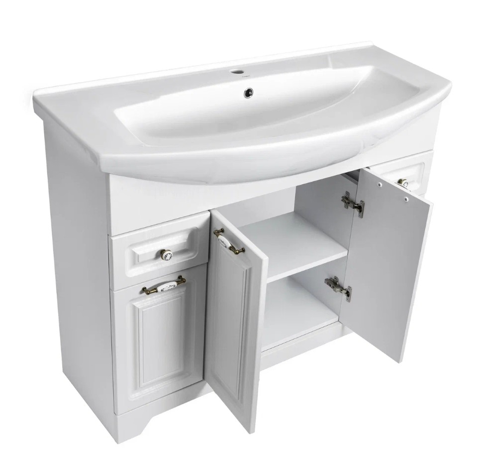 Тумба напольная Stella Polar Кармела 105 с раковиной Элеганс 105, 2 ящика, 4 двери, ольха белый