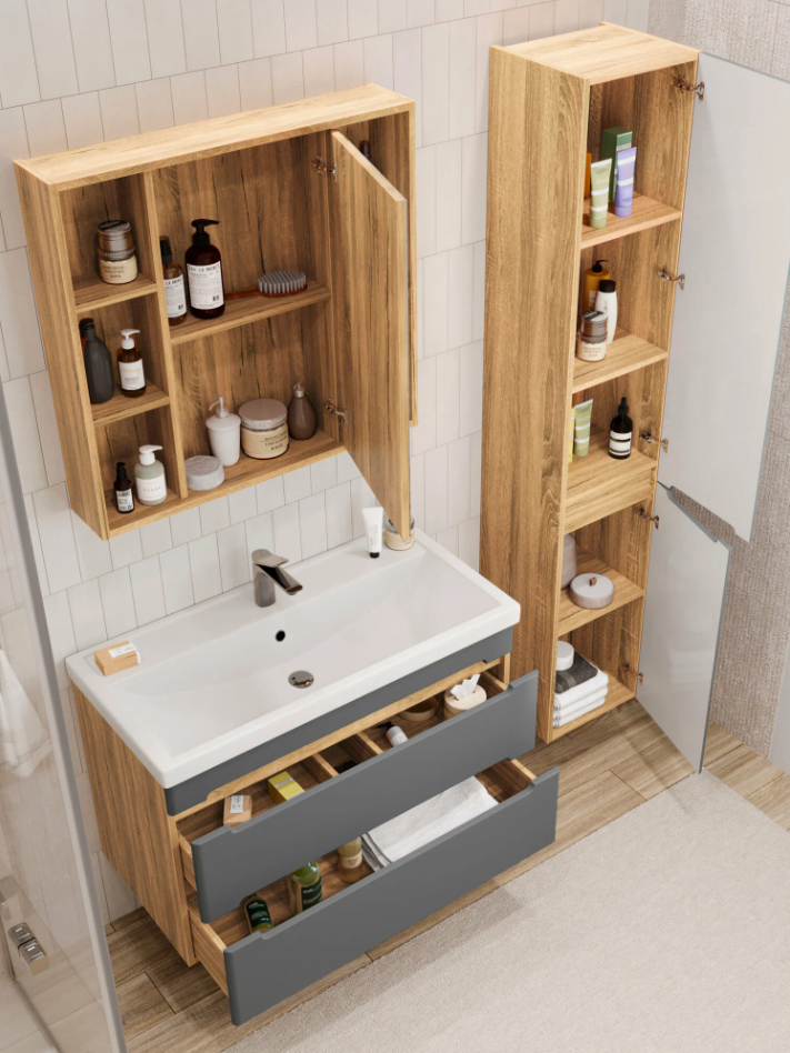 Тумба подвесная SanStar Diva 100 с раковиной Фостер 100, дуб вотан, графит софт