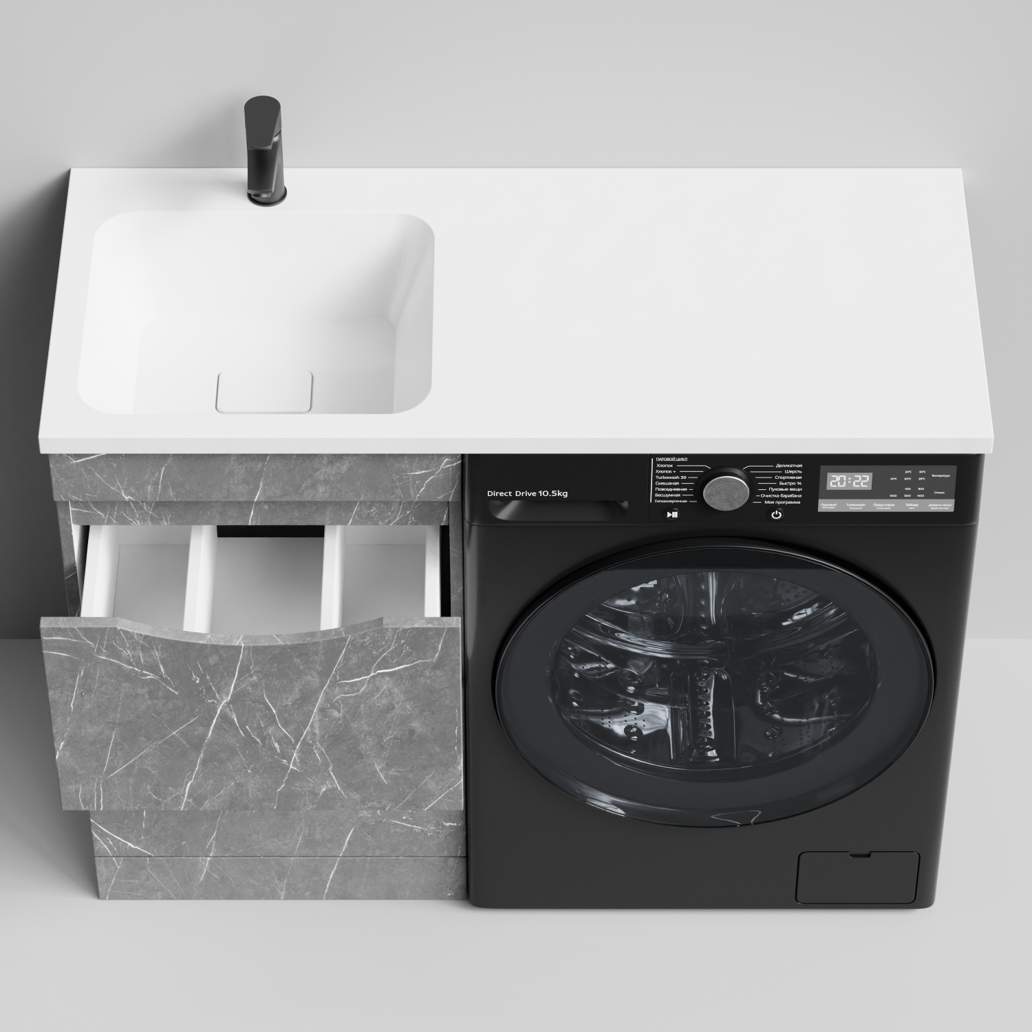Тумба Vod-ok 48 с раковиной Смайл 110 напольная, под стиральную машину, левая, Мрамор Серый софт тач