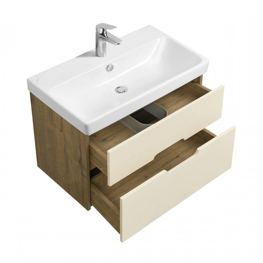 Тумба Aquaton Оливия 80 с раковиной Адриана 80 подвесная, 2 ящика, бежевый, дуб велл