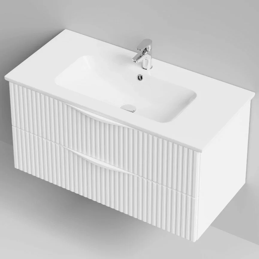 Тумба с раковиной Vod-ok Elite Эйфория 100 F6 полосы вертикальные, подвесная, два ящика, белый матовый